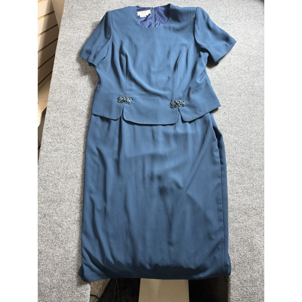 Vintage Womens Slate Blue Dress Suit Set Short Sleeve Peplum Embellished Sz 20